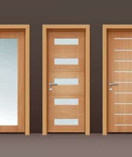 Vector modern wooden doors with glass in eco-minimalism style on wall of brown color