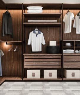 3d rendering minimal scandinavian wood walk in closet with wardrobe