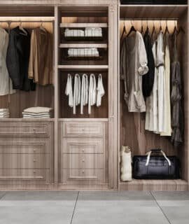 3d rendering minimal scandinavian wood walk in closet with wardrobe