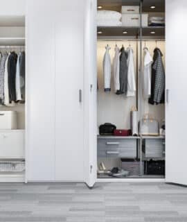 3d rendering minimal scandinavian wood walk in closet with wardrobe