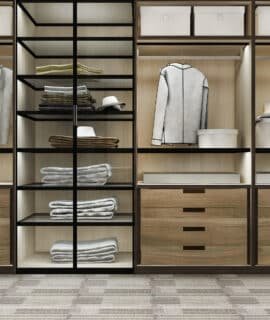 3d rendering minimal scandinavian wood walk in closet with wardrobe