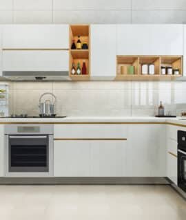 3d rendering modern kitchen counter with white and biege design