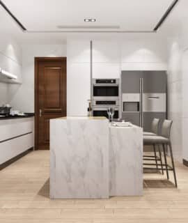 3d rendering white minimal kitchen with wood decoration