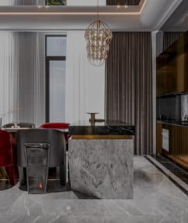 Contemporary black kitchen interior with matte black finishes, and a luxury dining table with red seating