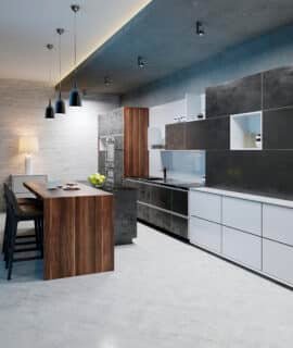 Contemporary kitchen counter with white and black design. 3D Rendering